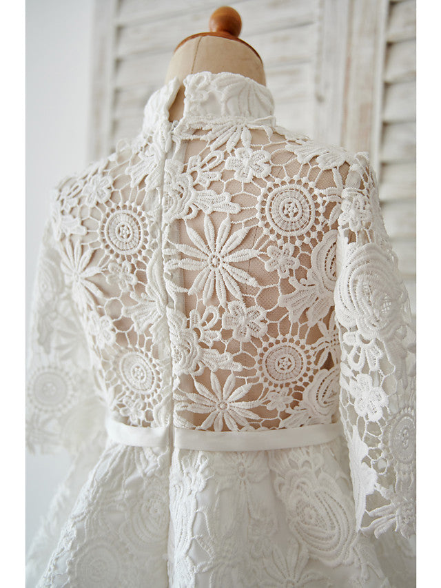 Elegant Ball Gown Long Sleeve High Neck Flower Girl Dress with Lace Tulle Bows and Sash Ribbon-BallBride