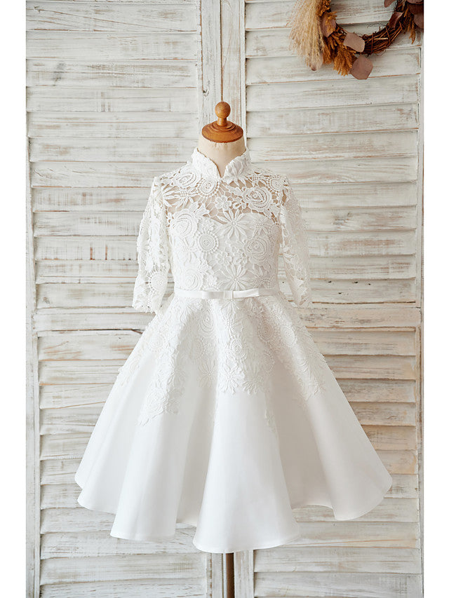 Elegant Ball Gown Long Sleeve High Neck Flower Girl Dress with Lace Tulle Bows and Sash Ribbon-BallBride
