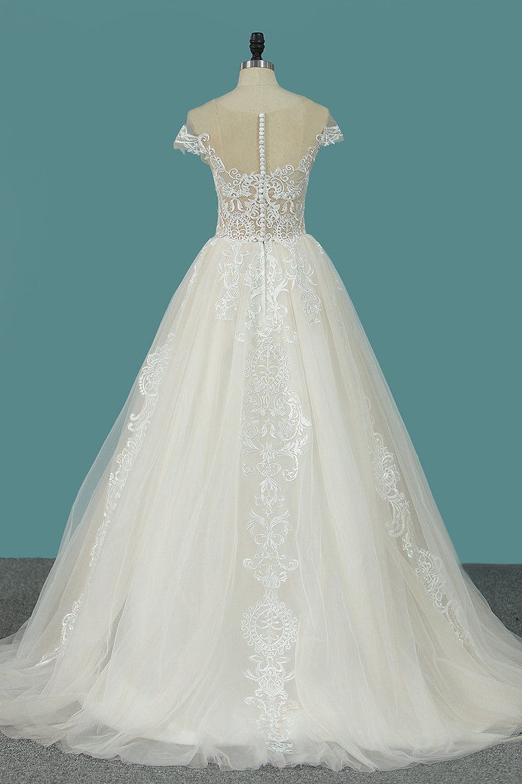 Elegant Bateau A-Line Floor-length Wedding Dress With Ruffles, Tulle Appliques and Lace-BallBride