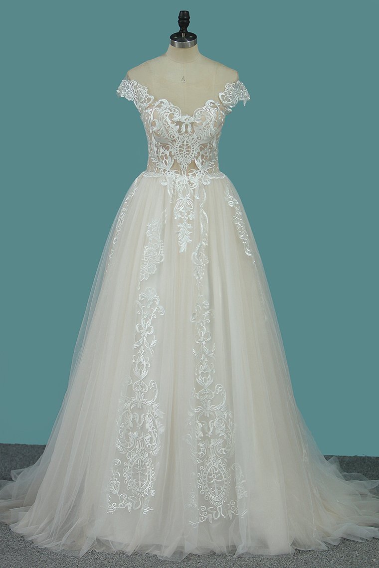 Elegant Bateau A-Line Floor-length Wedding Dress With Ruffles, Tulle Appliques and Lace-BallBride
