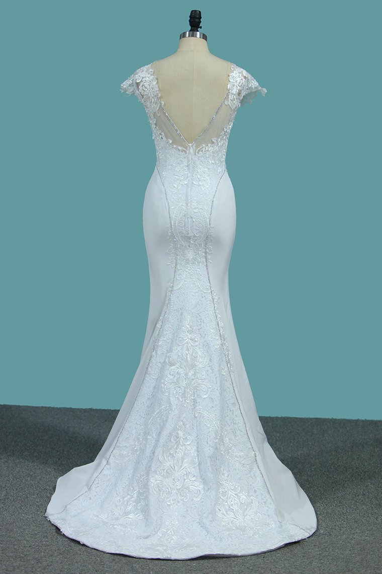 Elegant Bateau Beadings Mermaid Wedding Dress With Appliques Lace-BallBride