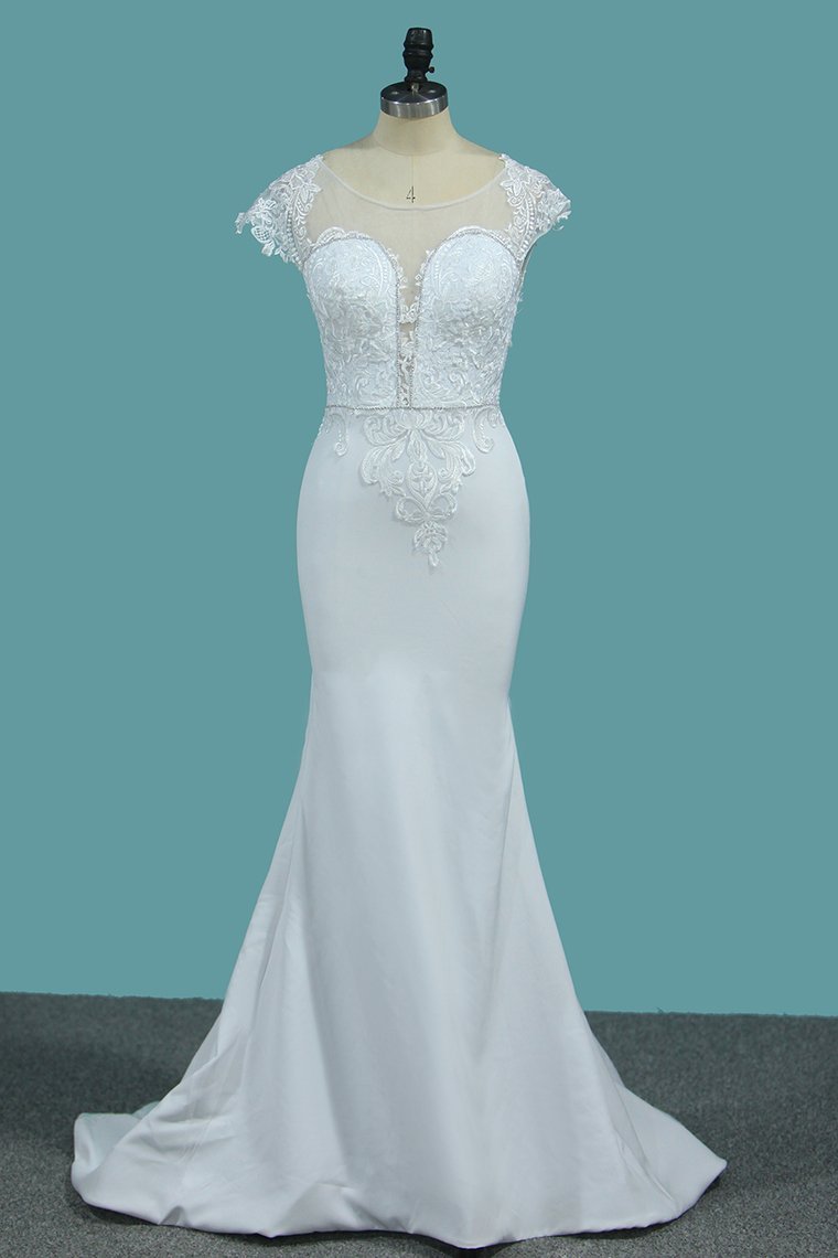 Elegant Bateau Beadings Mermaid Wedding Dress With Appliques Lace-BallBride