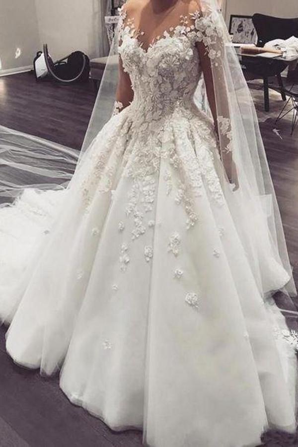 Elegant Bateau Long Sleeve A-Line Floor-length Wedding Dress With Appliques Lace-BallBride