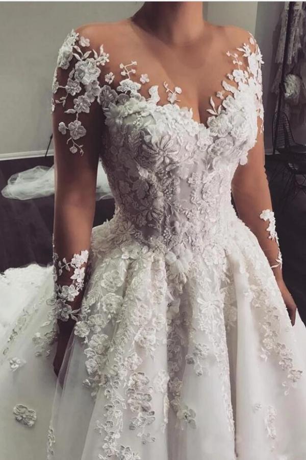 Elegant Bateau Long Sleeve A-Line Floor-length Wedding Dress With Appliques Lace-BallBride