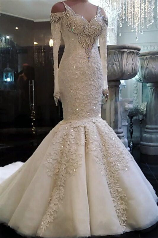 Elegant Beadings V-Neck Mermaid Wedding Dress With Lace Appliques-BallBride