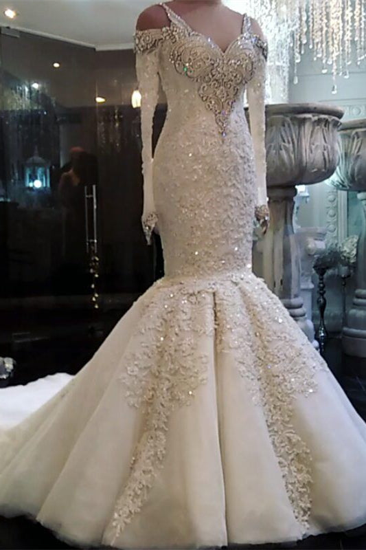 Elegant Beadings V-Neck Mermaid Wedding Dress With Lace Appliques-BallBride