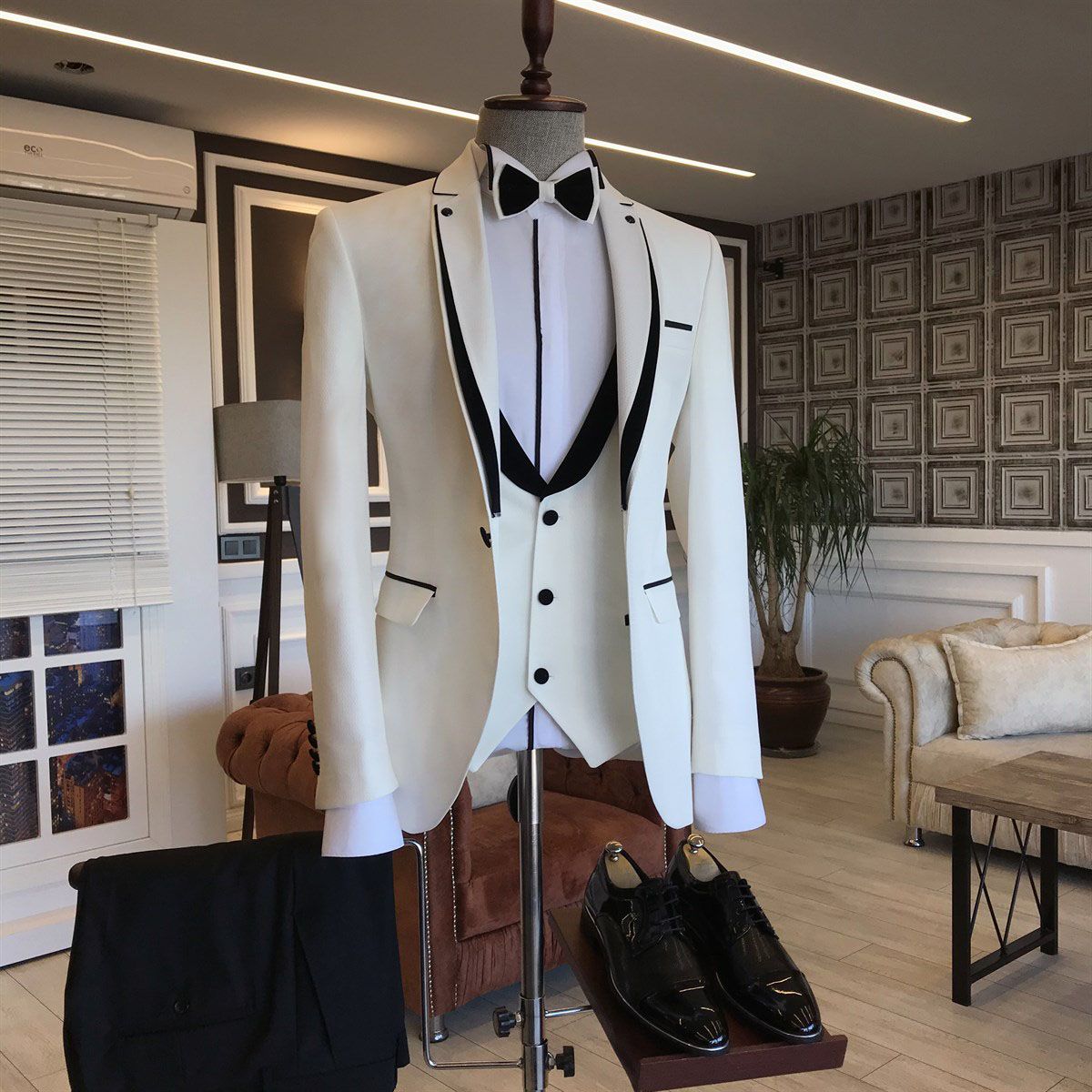 Elegant Black Designer Wedding Suits For Groom with White Notched Lapel-BallBride