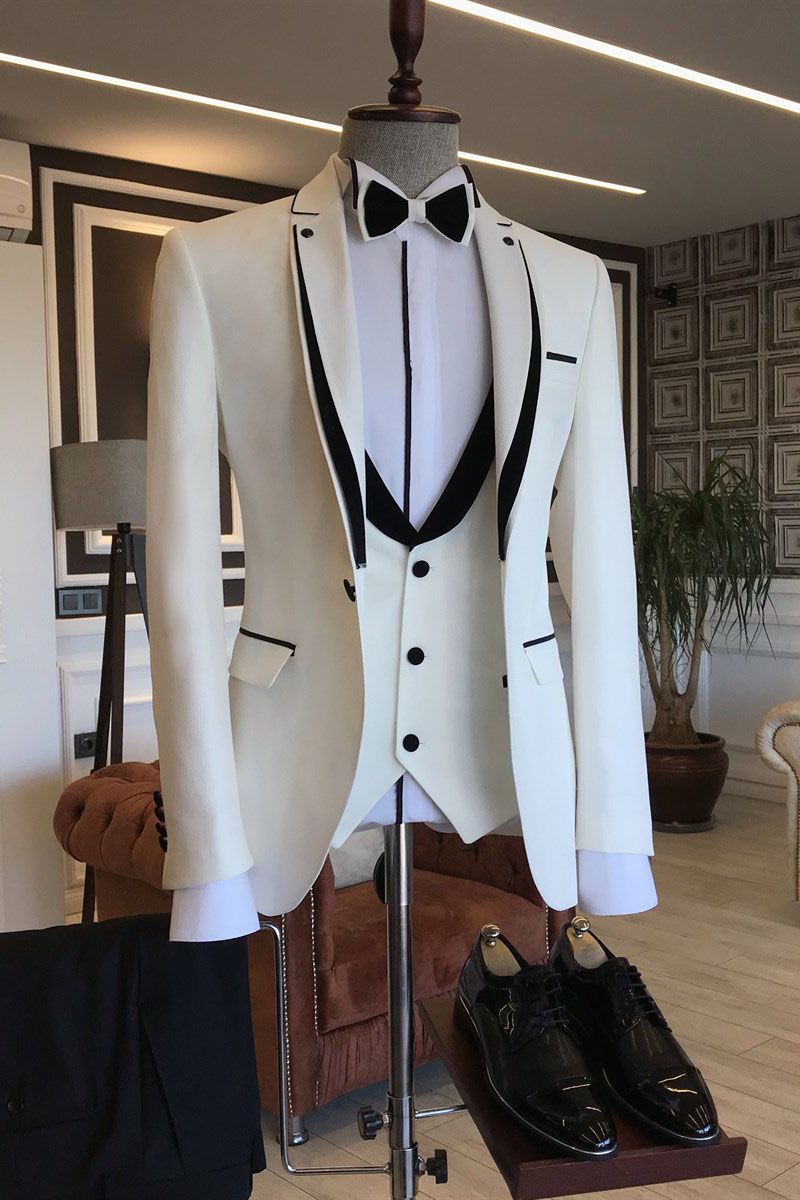 Elegant Black Designer Wedding Suits For Groom with White Notched Lapel-BallBride