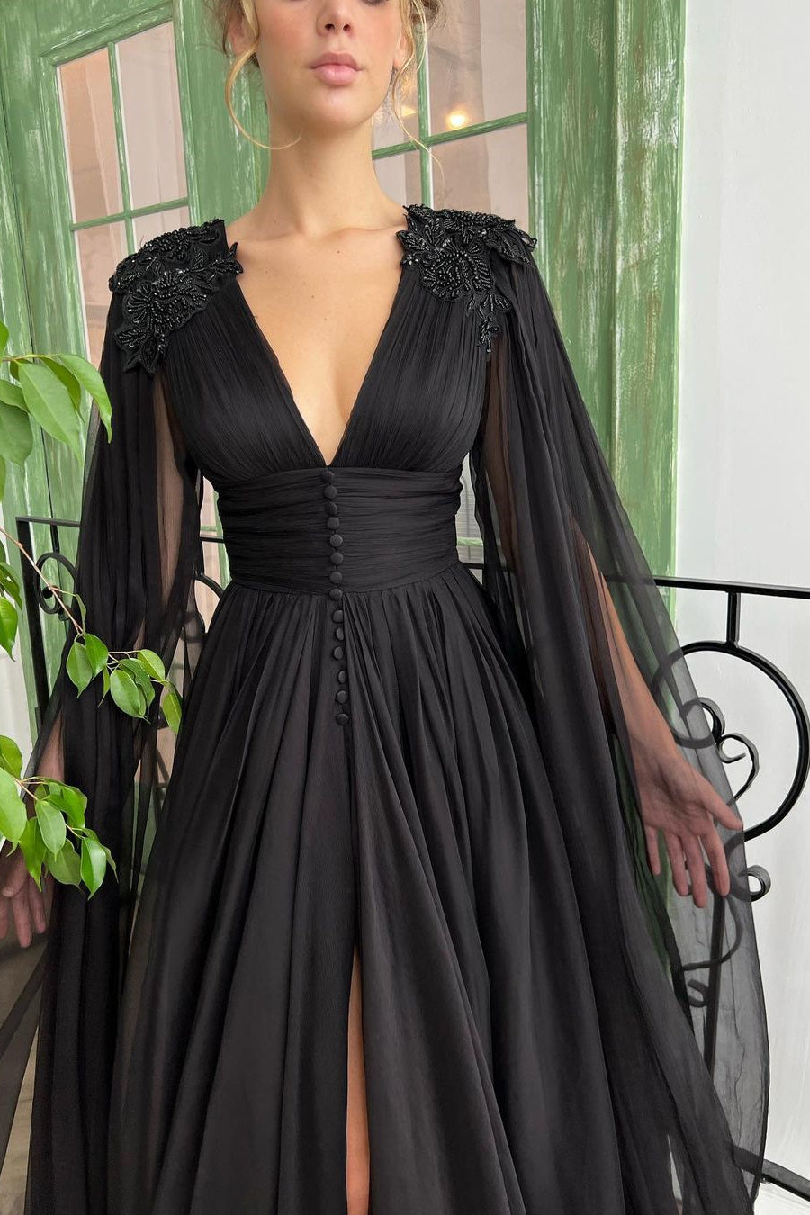 Elegant Black Long A-line V-neck Tulle Front Slit Evening Prom Dress with Sleeves-BallBride
