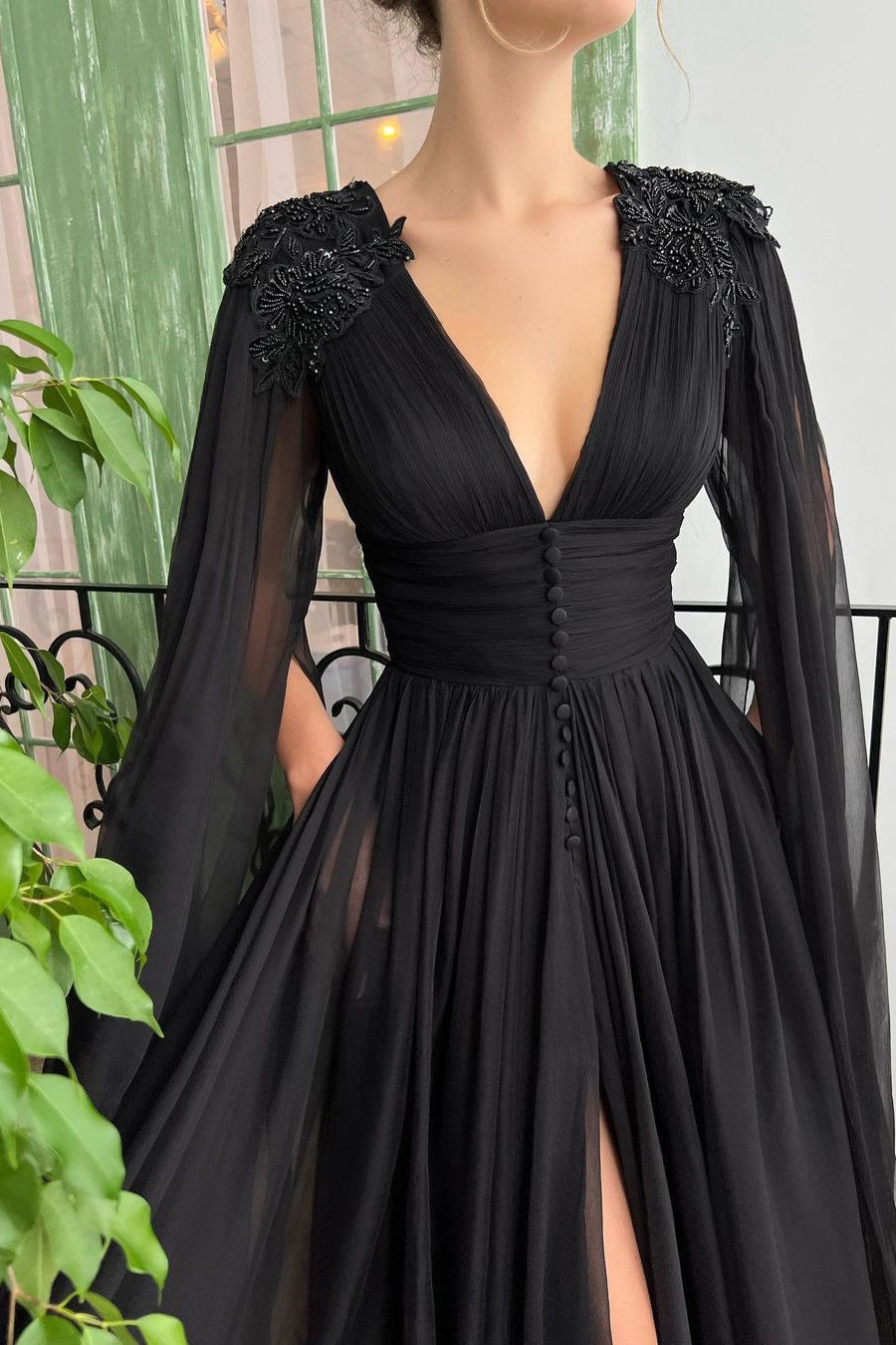 Elegant Black Long A-line V-neck Tulle Front Slit Evening Prom Dress with Sleeves-BallBride