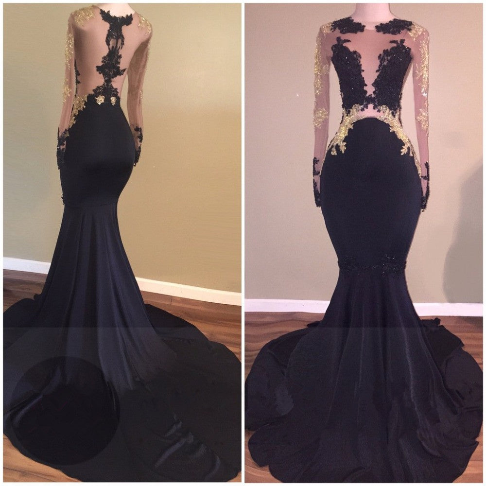 Elegant Black Long Sleeves Gold Appliques Mermaid Prom Dress-BallBride