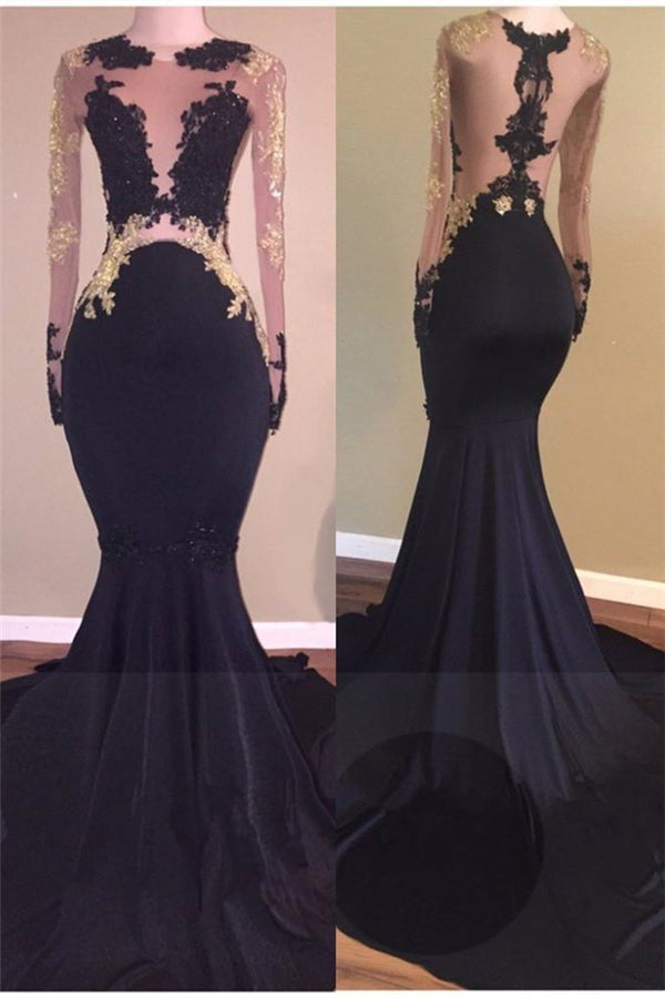 Elegant Black Long Sleeves Gold Appliques Mermaid Prom Dress-BallBride