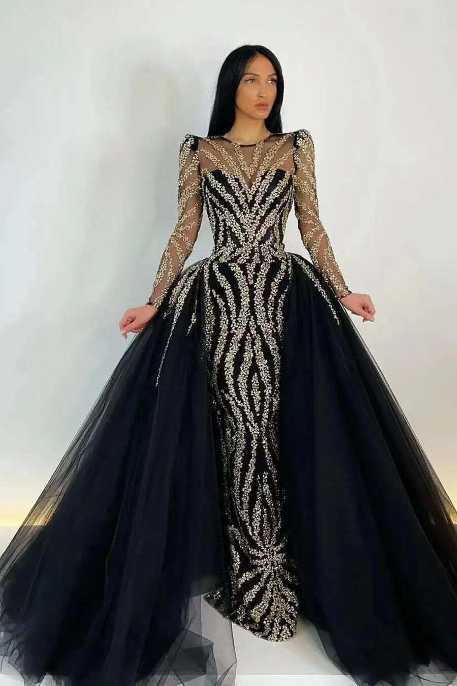 Elegant Black Mermaid Prom Dress with Appliques & Detachable Ruffles Long Sleeves-BallBride