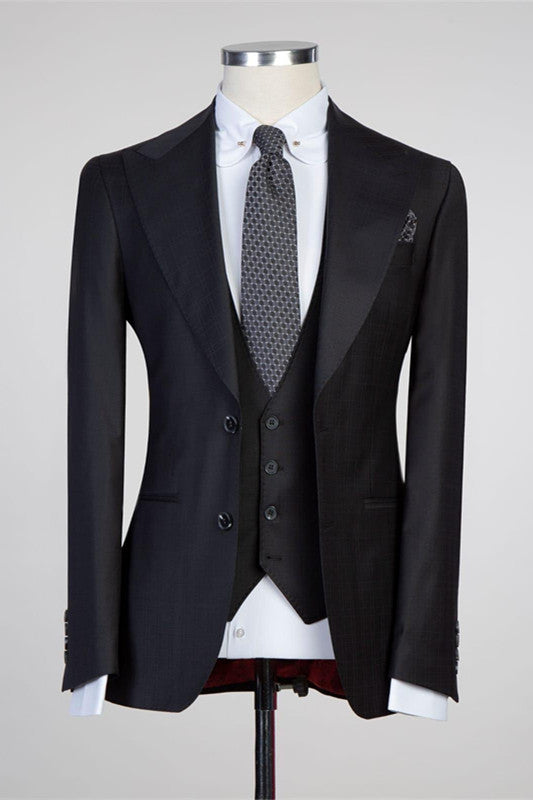 Elegant Black Peaked Lapel Slim Fit 3 Piece Wedding Tuxedo-BallBride