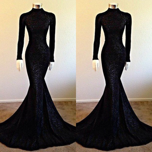 Elegant Black Sequins Long Sleeves Prom Dress Mermaid Long-BallBride