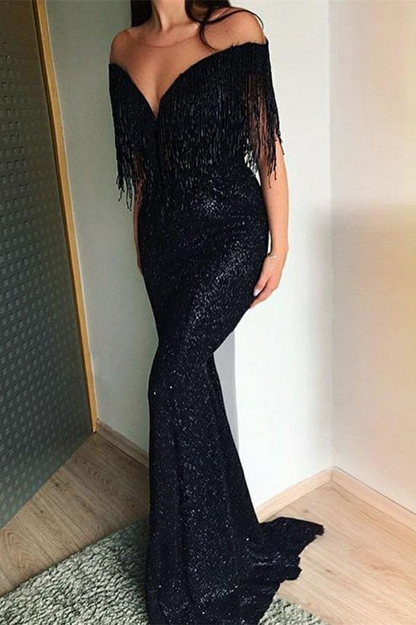Black Glitter Sequins Tulle Mermaid Prom Dress,Strapless Evening Dress With Bow Y8615 main image 0