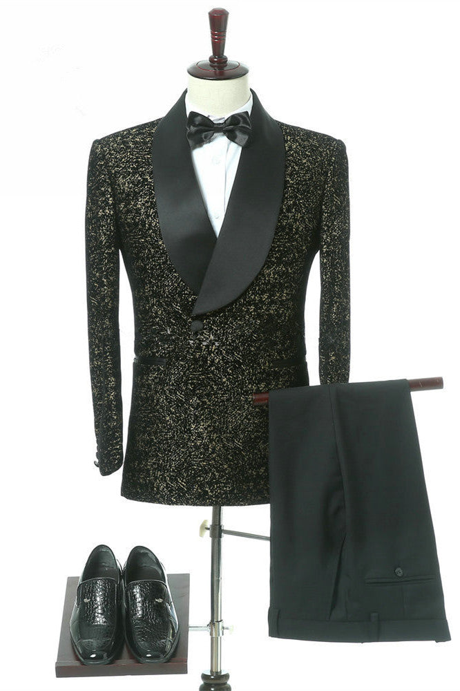 Elegant Black Slim Fit Double Breasted Wedding Tuxedo with Shawl Lapel-BallBride