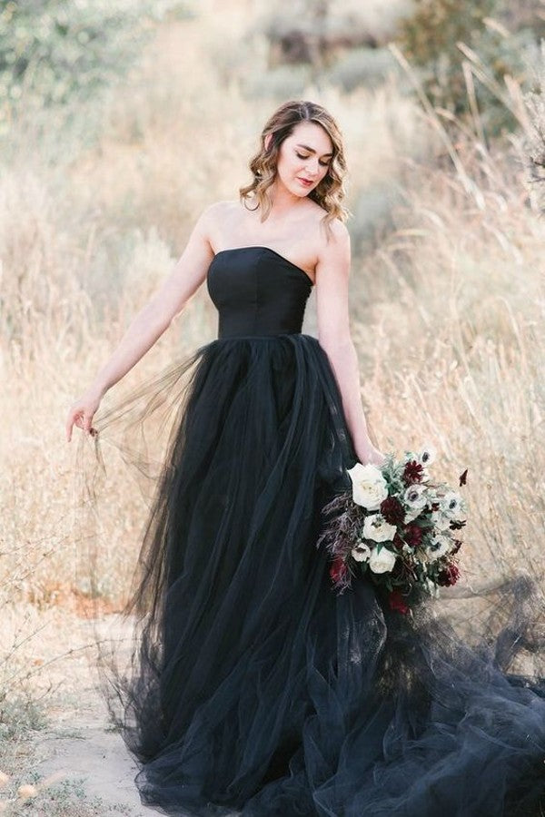 Elegant Black Strapless A-line Wedding Dress with Tulle Floor-length-BallBride