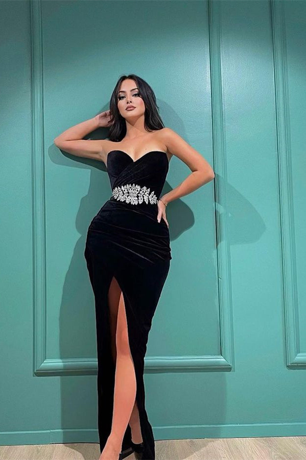 Elegant Black Sweetheart Mermaid Evening Dress with Slit and Appliques-BallBride
