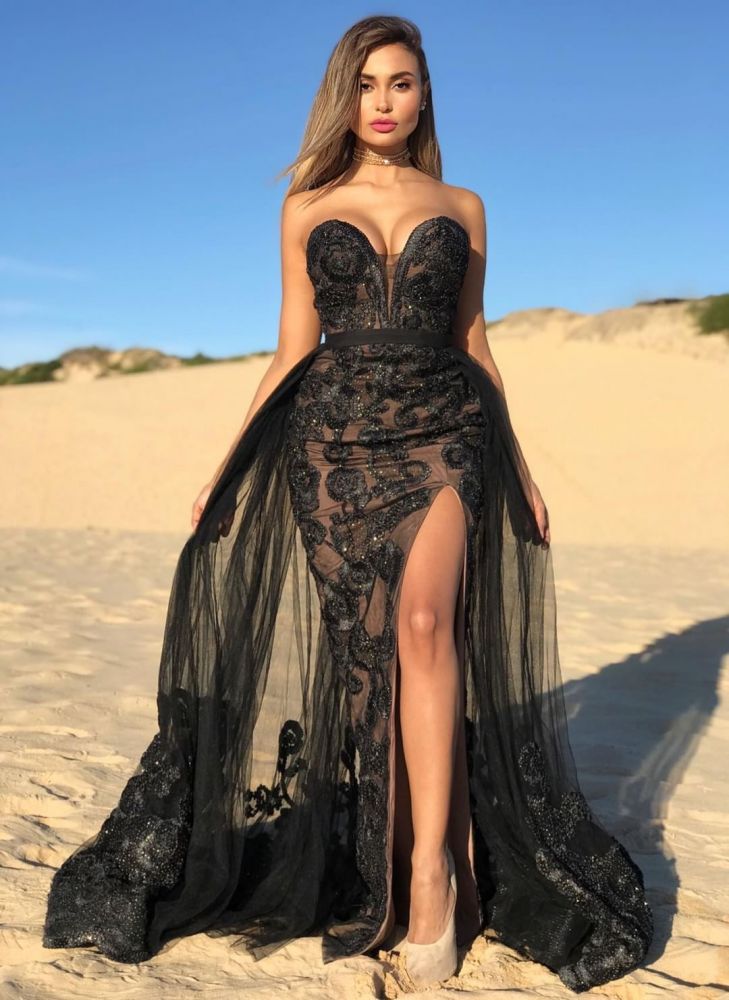 Elegant Black Sweetheart Tulle Appliques Side Slit Prom Dress-BallBride