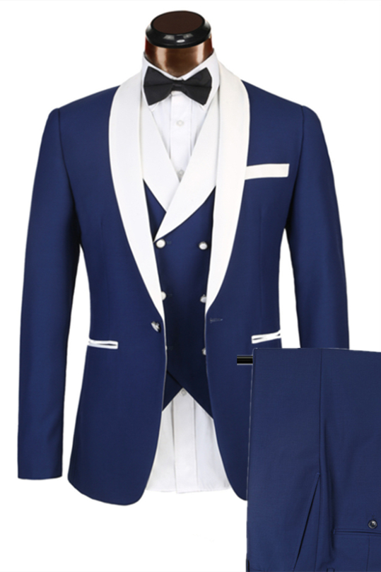 Elegant Blue Men's Suit for Weddings - 3 Piece White Lapel Edge Banding-BallBride