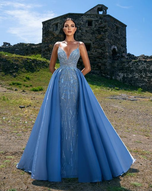 Elegant Blue Prom Dress with Spaghetti Straps and Sequins Overskirt-BallBride