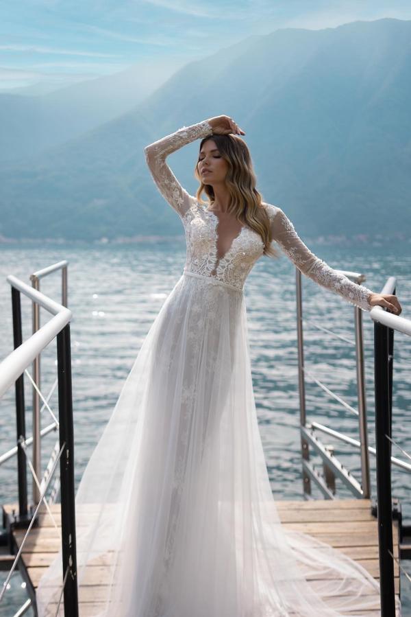Elegant Boho A-line V-neck Lace Backless Wedding Dress With Long Sleeves-BallBride