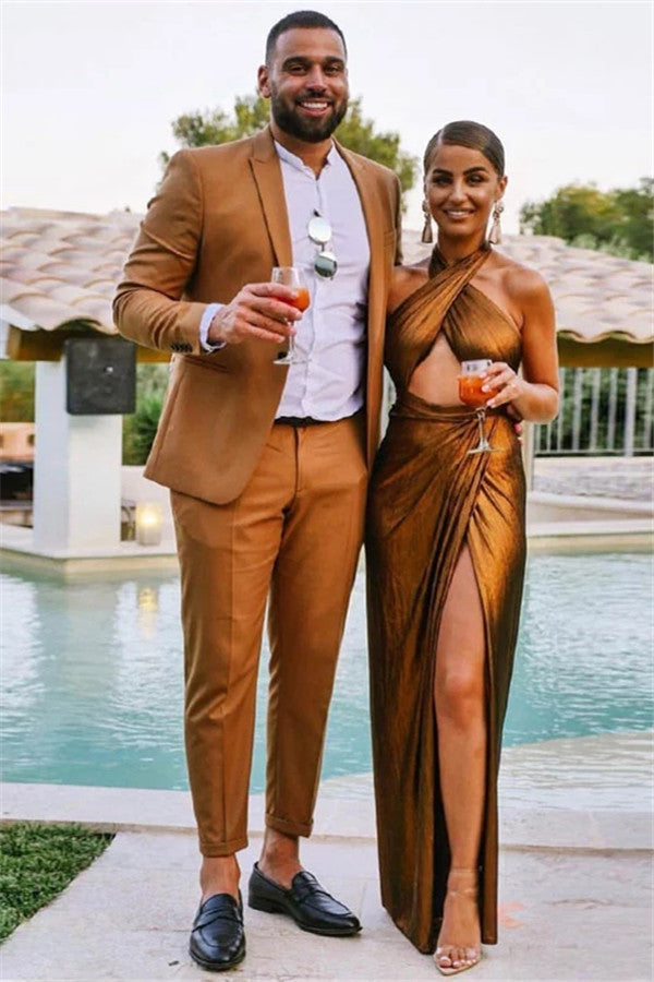 Elegant Brown Reception Suit for Groom With Peaked Lapel and One Button-BallBride