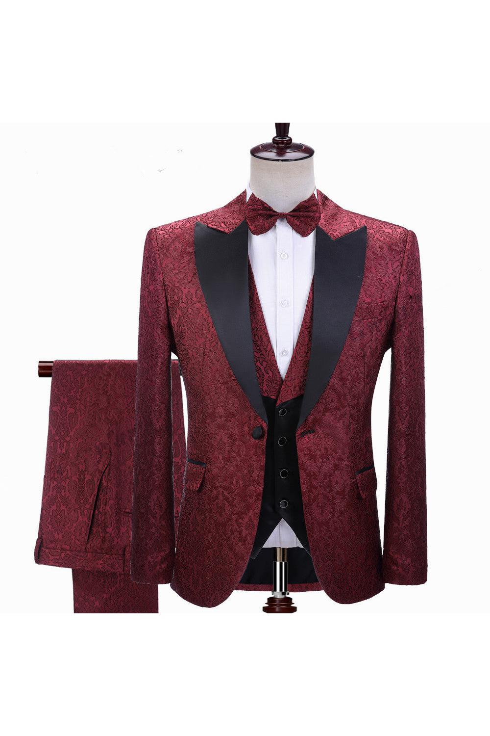 Elegant Burgundy Jacquard Wedding Tuxedo with Lapel Detail-BallBride