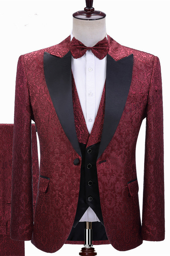 Elegant Burgundy Jacquard Wedding Tuxedo with Lapel Detail-BallBride