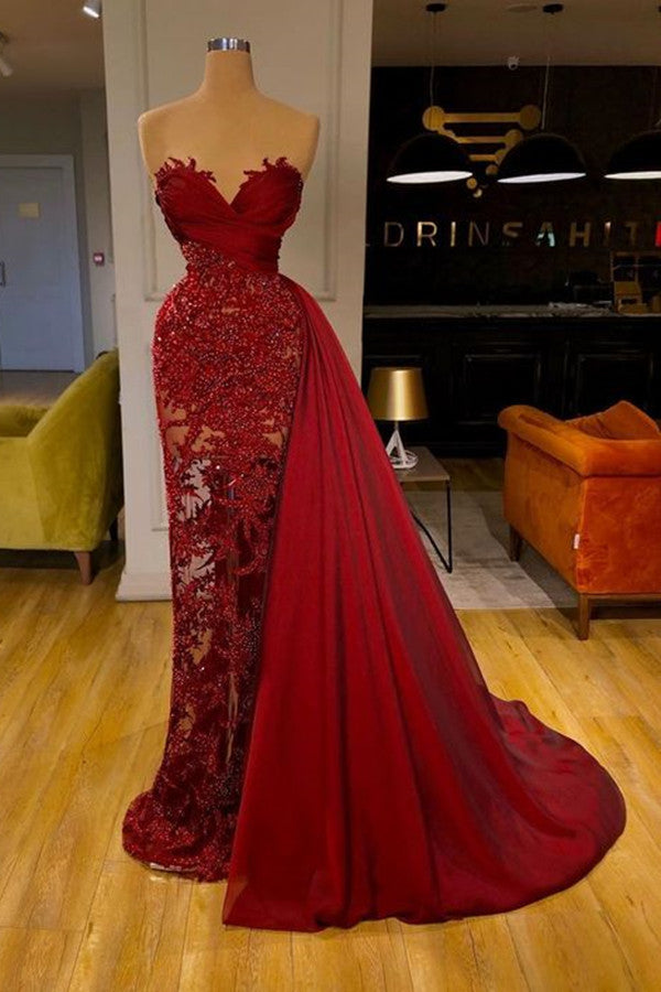 Elegant Burgundy Lace Appliques Prom Dress With Ruffles Sweetheart-BallBride
