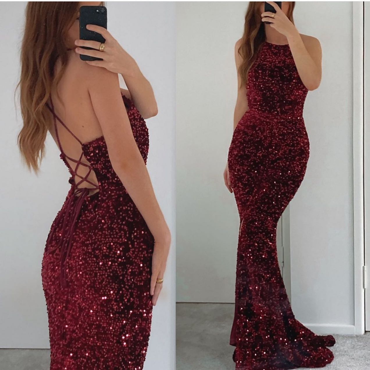 Elegant Burgundy Mermaid Evening Dress with Sequins and Long Sleeves-BallBride