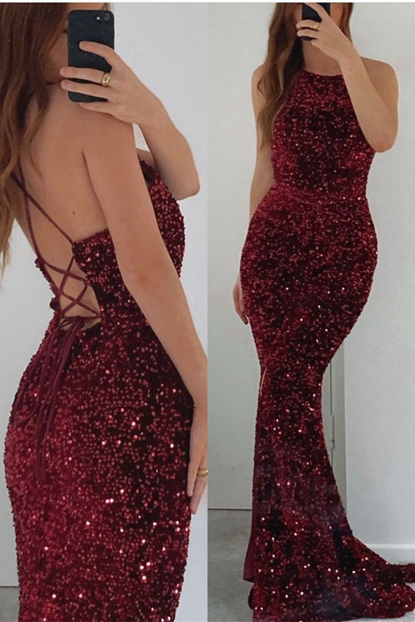 Elegant Burgundy Mermaid Evening Dress with Sequins and Long Sleeves-BallBride