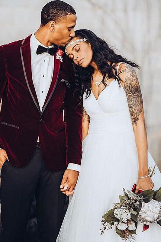 Elegant Burgundy Velvet Suit for Men's Party - One Button Notched Lapel-BallBride