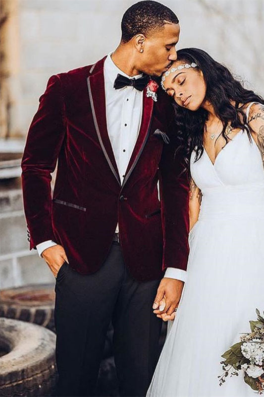 Elegant Burgundy Velvet Suit for Men's Party - One Button Notched Lapel-BallBride