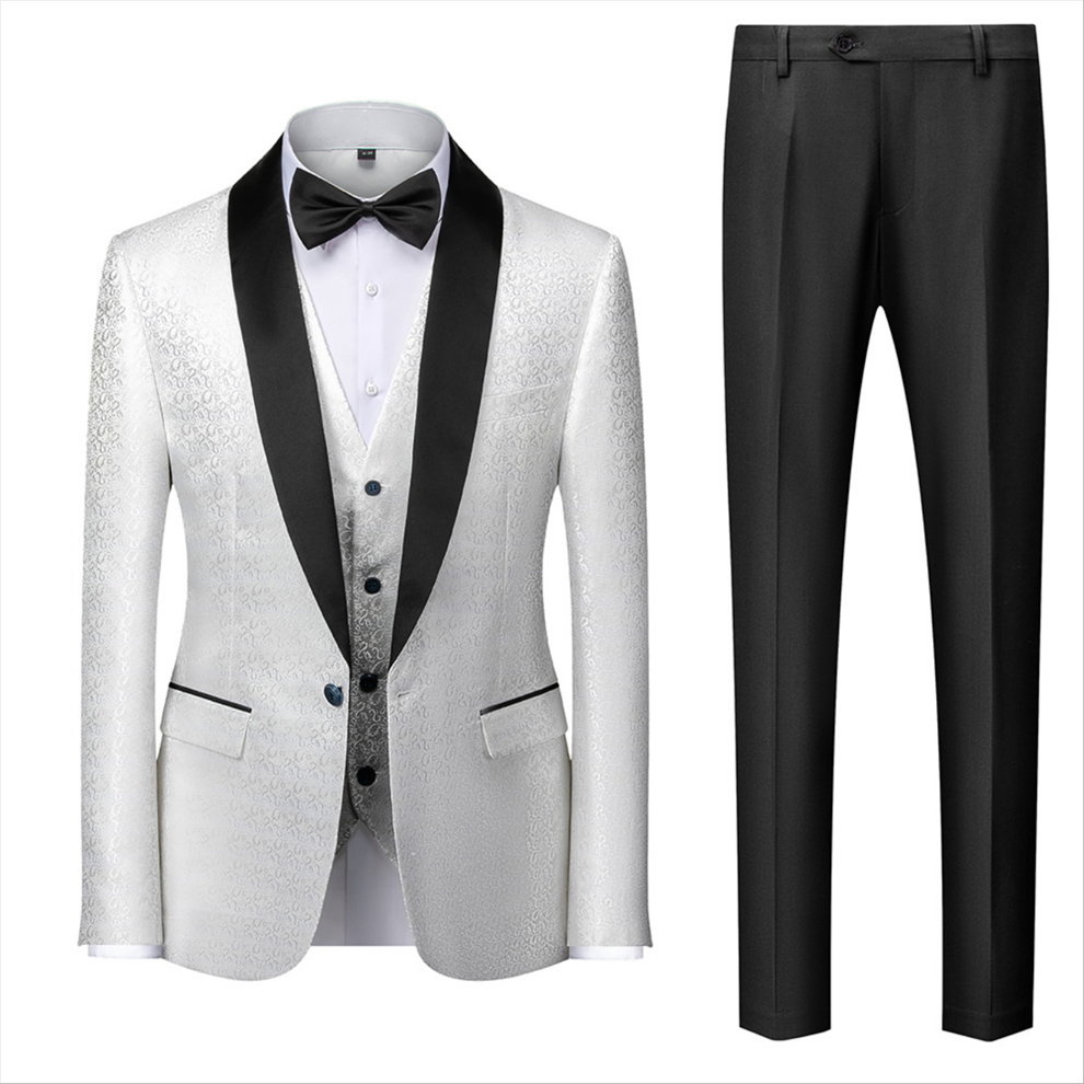 ELegant Business Man's Suit for Prom - Satin Shawl Lapel, Black & White with Jacquard.-BallBride