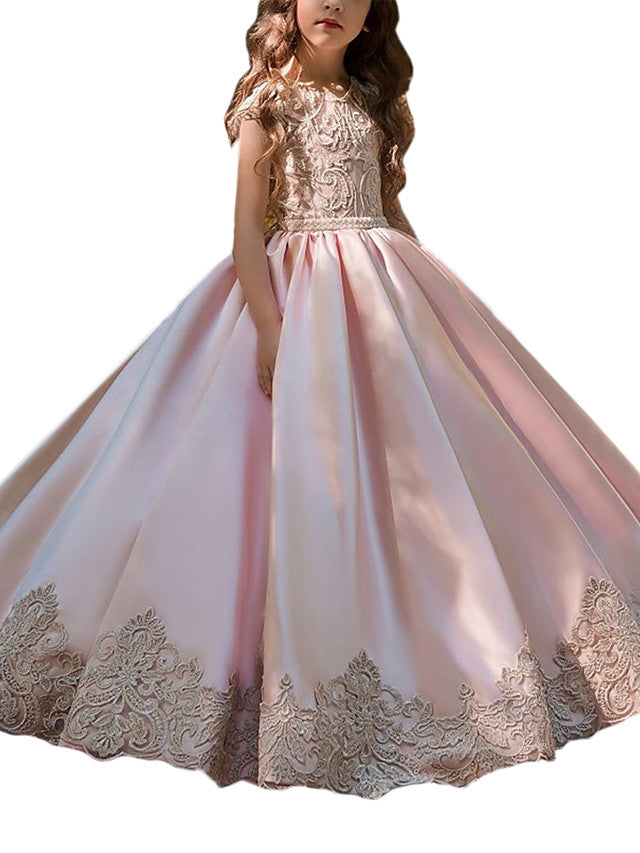 Elegant Cap Sleeve Jewel Neck Ball Gown Flower Girl Dresses with Lace Satin and Acrylic Appliques-BallBride