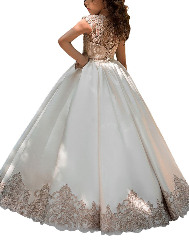 Elegant Cap Sleeve Jewel Neck Ball Gown Flower Girl Dresses with Lace Satin and Acrylic Appliques-BallBride