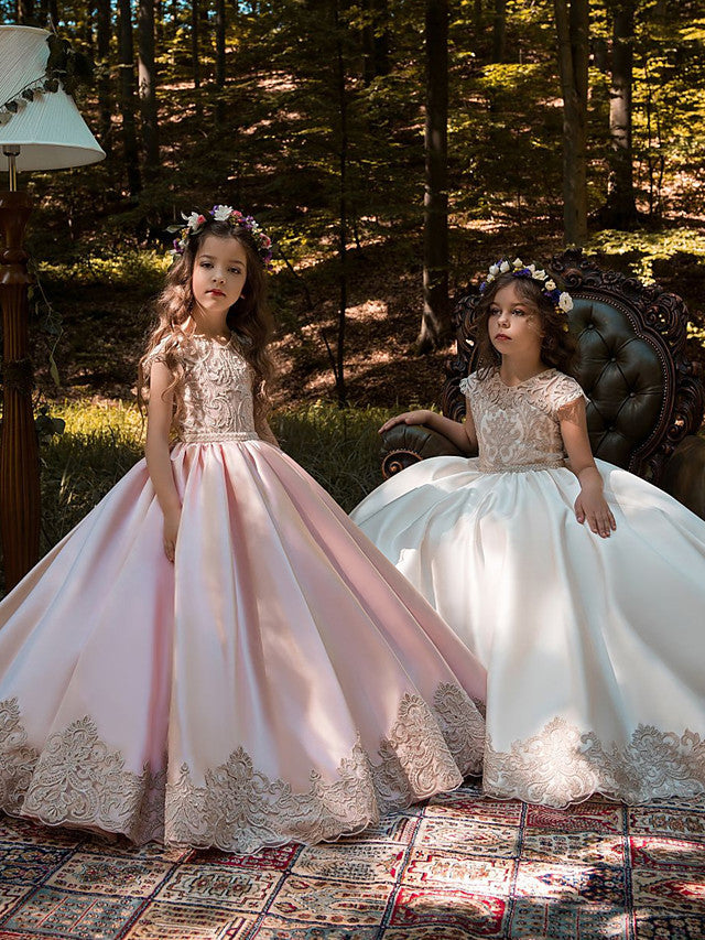 Elegant Cap Sleeve Jewel Neck Ball Gown Flower Girl Dresses with Lace Satin and Acrylic Appliques-BallBride