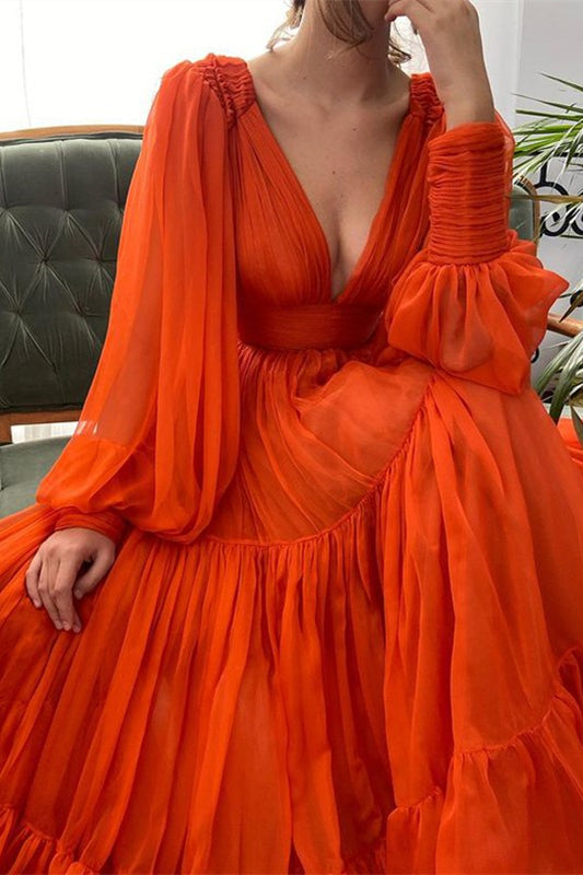 Elegant Deep V-Neck Long Sleeves Prom Dress with Bubble Sleeves-BallBride