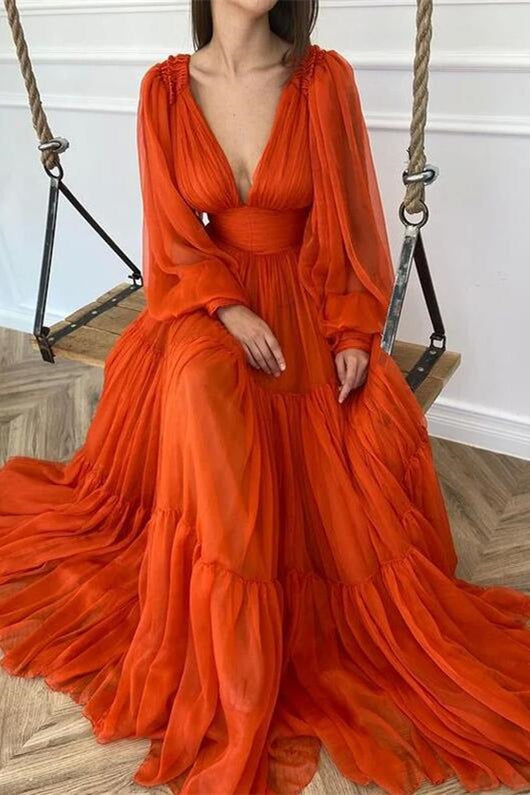 Elegant Deep V-Neck Long Sleeves Prom Dress with Bubble Sleeves-BallBride
