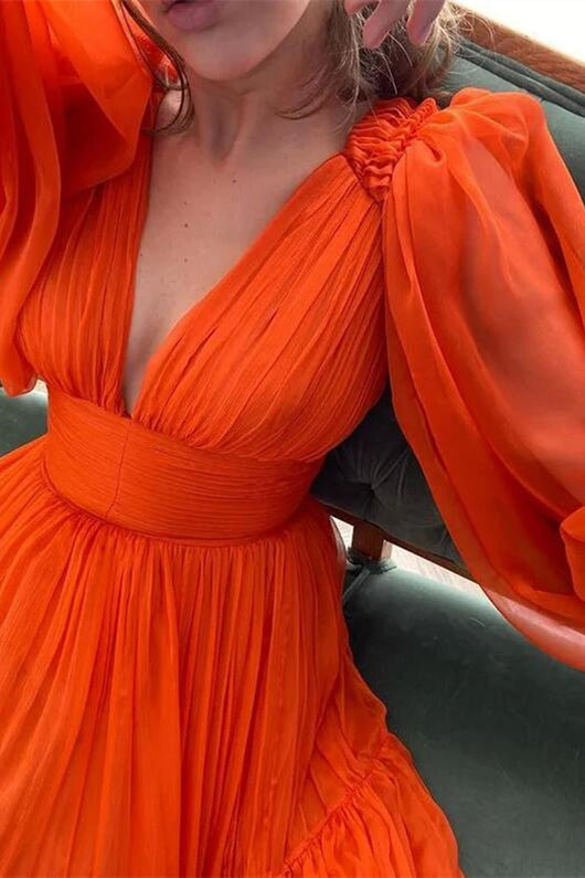 Elegant Deep V-Neck Long Sleeves Prom Dress with Bubble Sleeves-BallBride