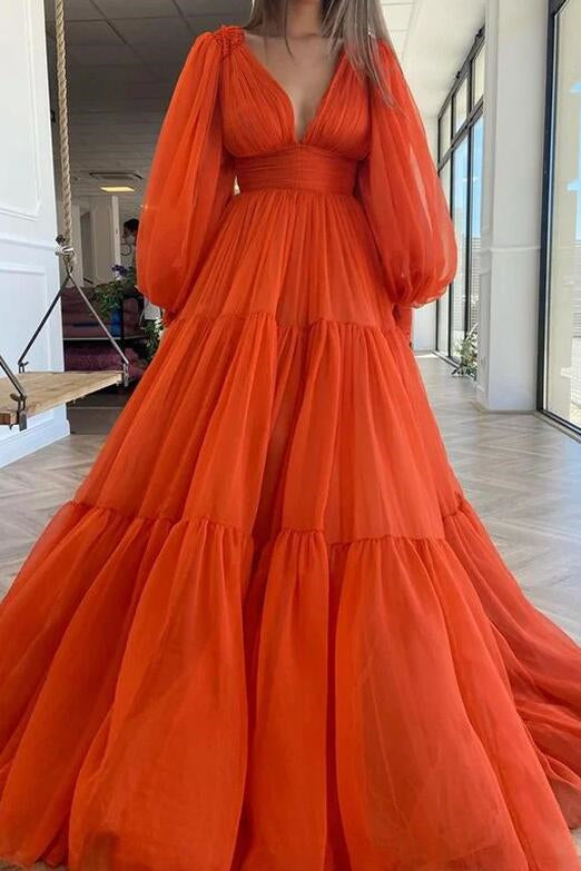 Elegant Deep V-Neck Long Sleeves Prom Dress with Bubble Sleeves-BallBride