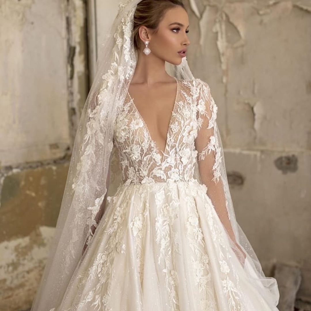 Elegant Deep V-neck Wedding Dress with Appliques, Lace, Ruffles, and Tulle-BallBride