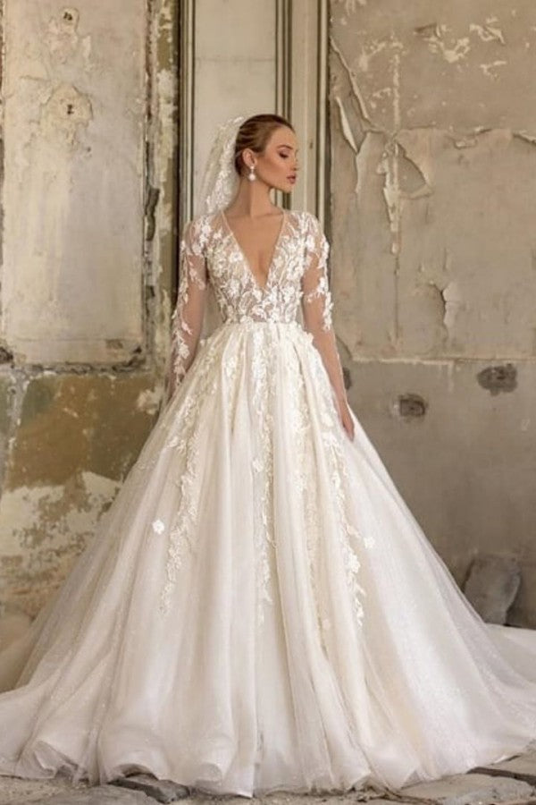 Elegant Deep V-neck Wedding Dress with Appliques, Lace, Ruffles, and Tulle-BallBride