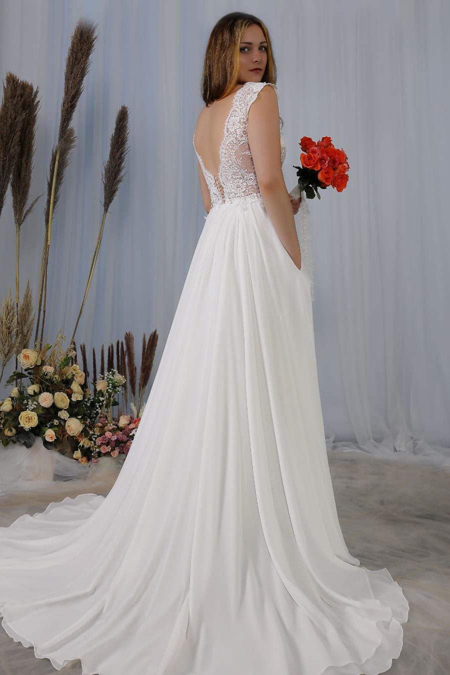 Elegant Deep V-neck Wedding Dress with Wide Straps & Appliques Lace-BallBride