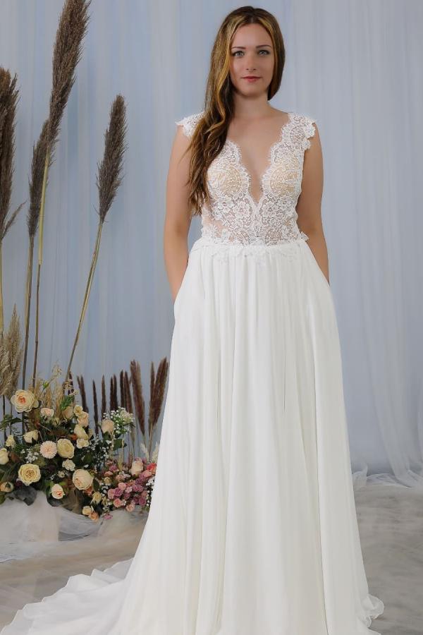 Elegant Deep V-neck Wedding Dress with Wide Straps & Appliques Lace-BallBride
