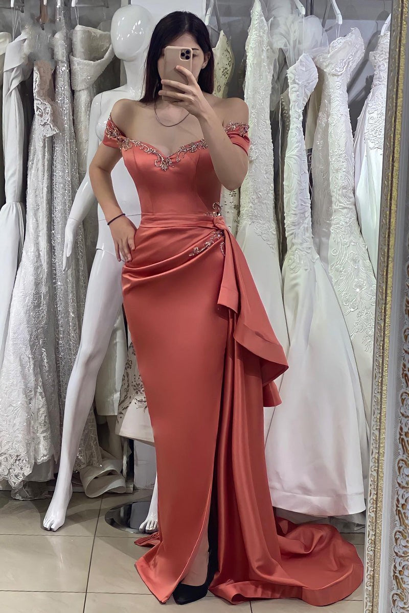 Elegant Dusty Orange Off-the-Shoulder Mermaid Dress with Beads-BallBride