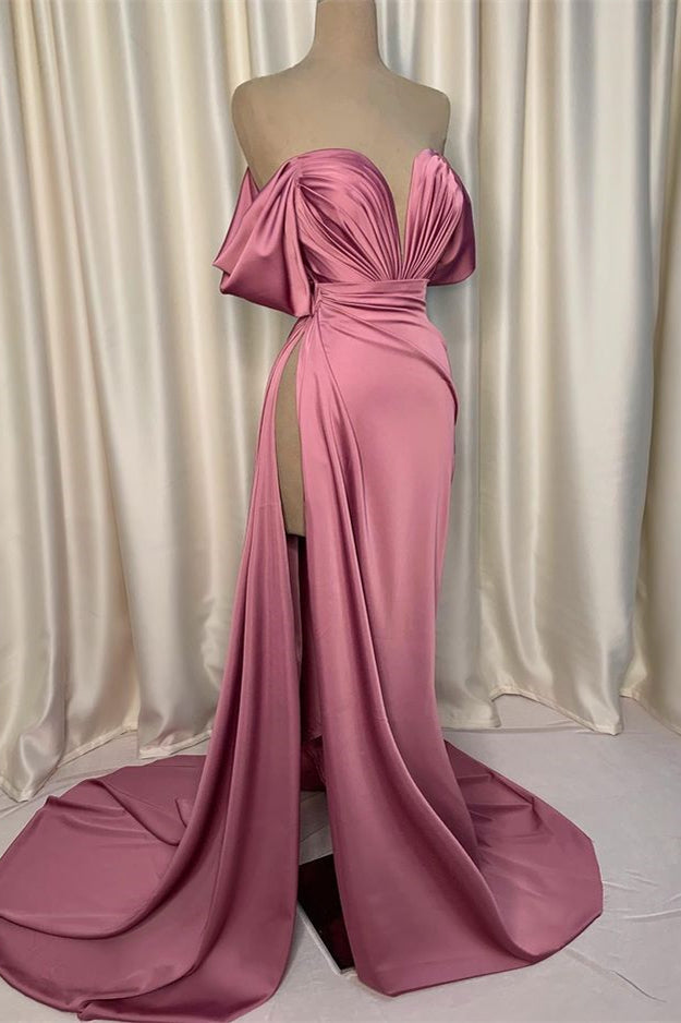 Elegant Dusty Pink Off-the-Shoulder Prom Dress Long Sweetheart with High Split-BallBride