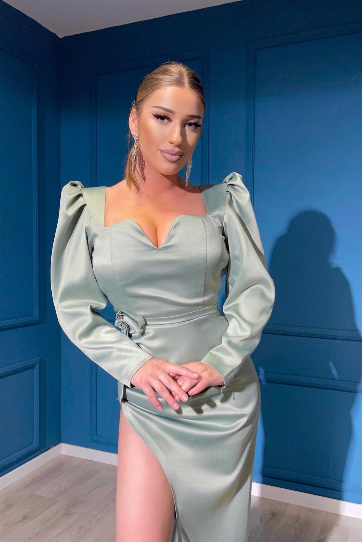 Elegant Dusty Sage Long Sleeves Evening Dress On Sale-BallBride